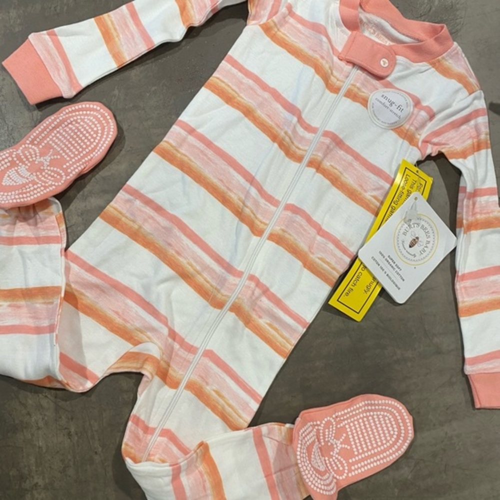 Burt's bees striped footie pajamas w/ sticky pattern on feet for non-slip help🧡